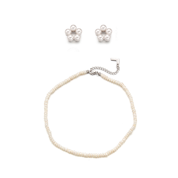 [SET]Petit Flower Earring+Margaret Pearl Layered Necklace