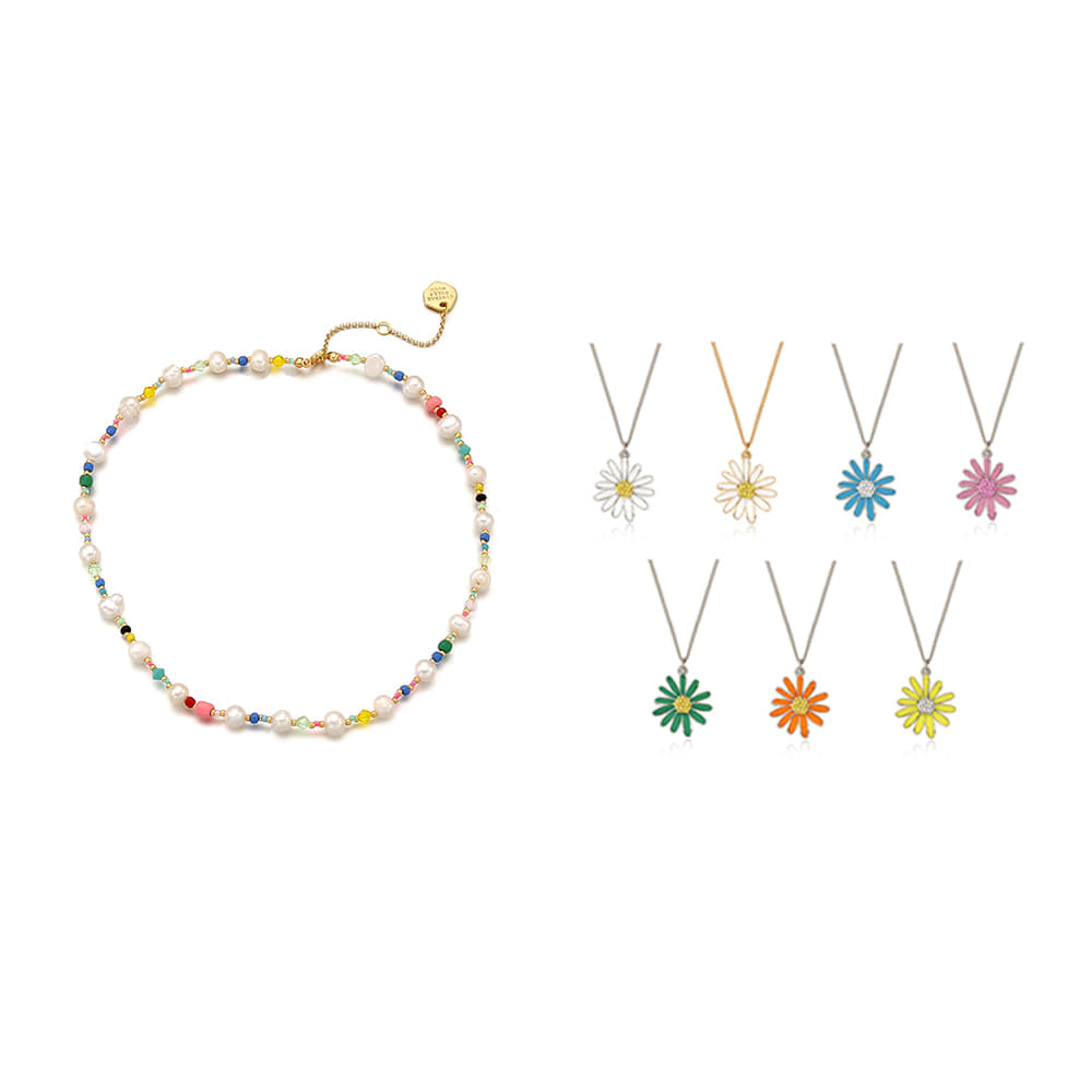 [2/23 예약배송][SET] Pearl n Crystal Beads Necklace+Vintage Daisy Necklace_7Color