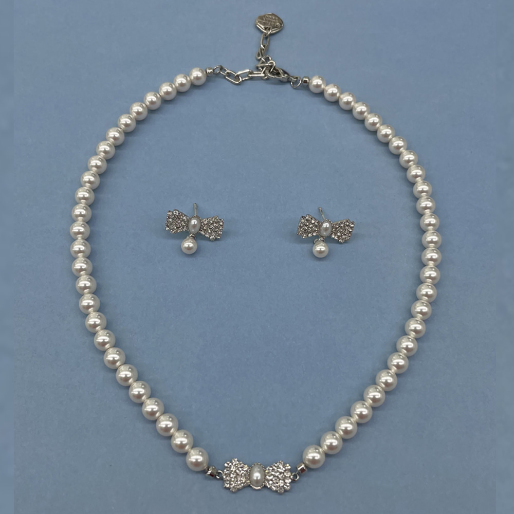 [SET]Butterfly Ribbon Pearl Necklace+Earrings